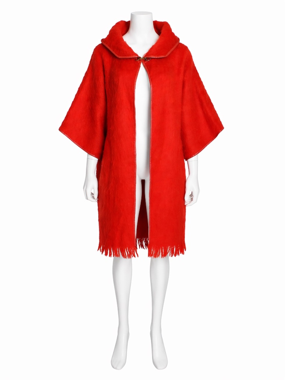 Bonnie Cashin for Sills Coat Kimono Sleeve Mohair Wool Hooded Leather Trim 60s